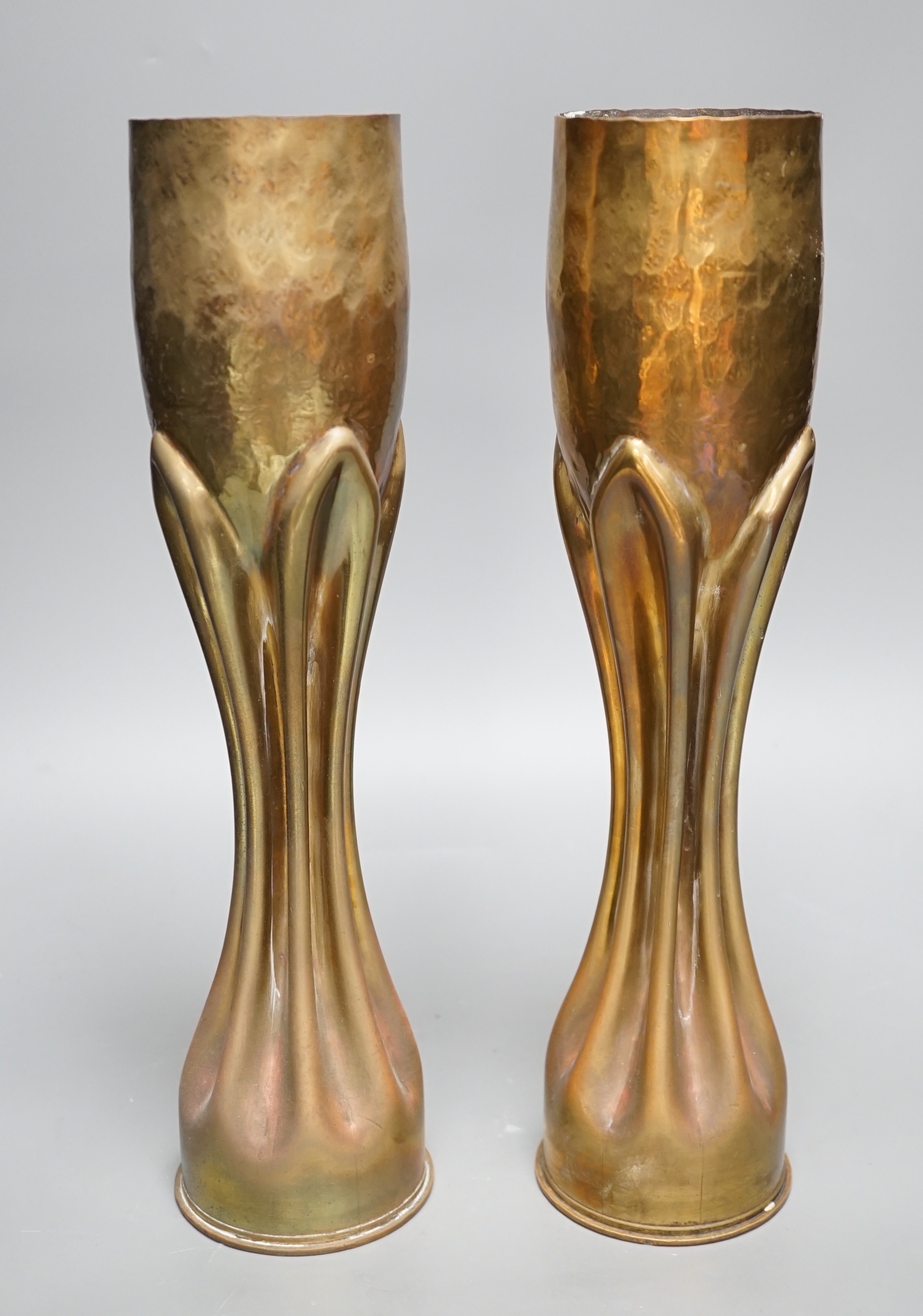Trenchart- A pair of WWI brass shell case vases, 34.5cm tall